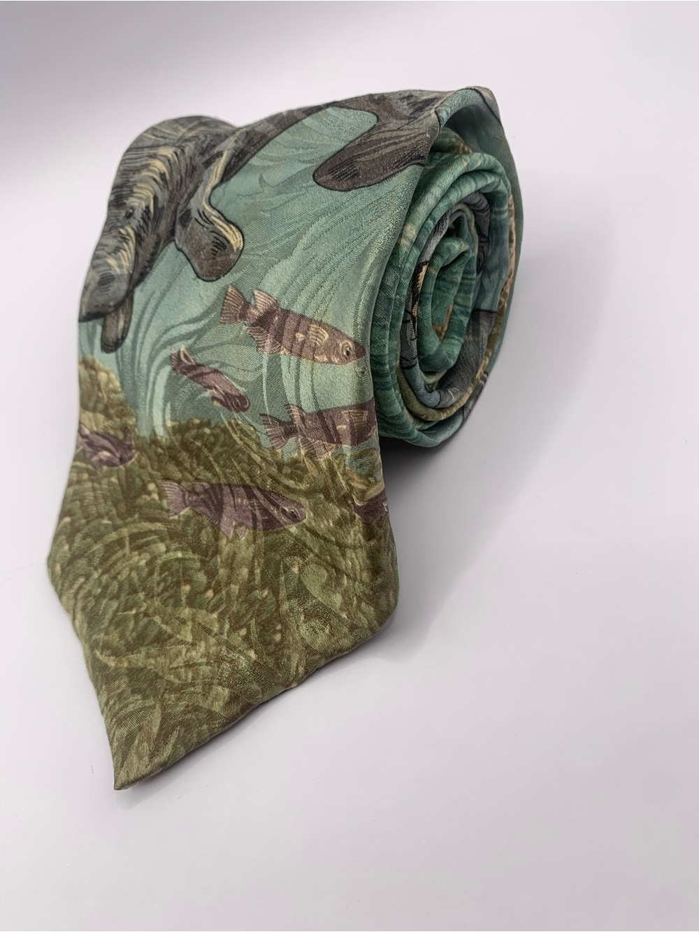 Silk Fish Motif Tie in Sea Green and Olive Manatee Florida Endangered Species